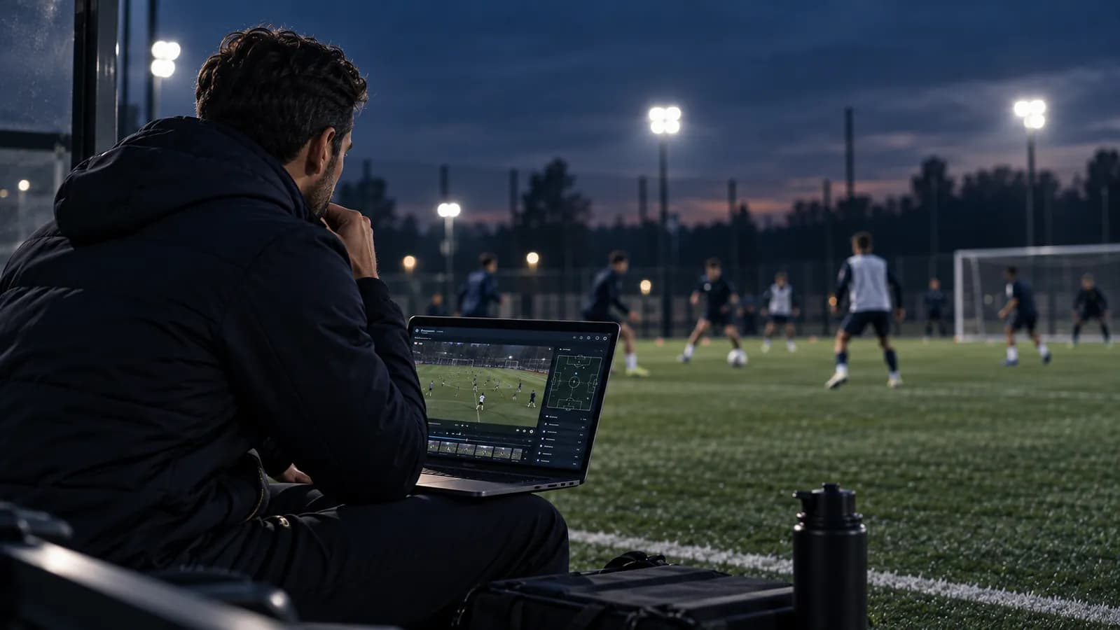 Analista observando una sesión de fútbol con herramientas de vídeo